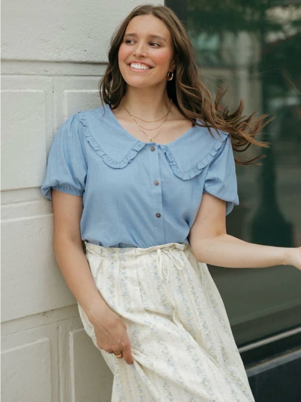 Mustard Seed Light Blue Ruffle Collar Button-Front Blouse